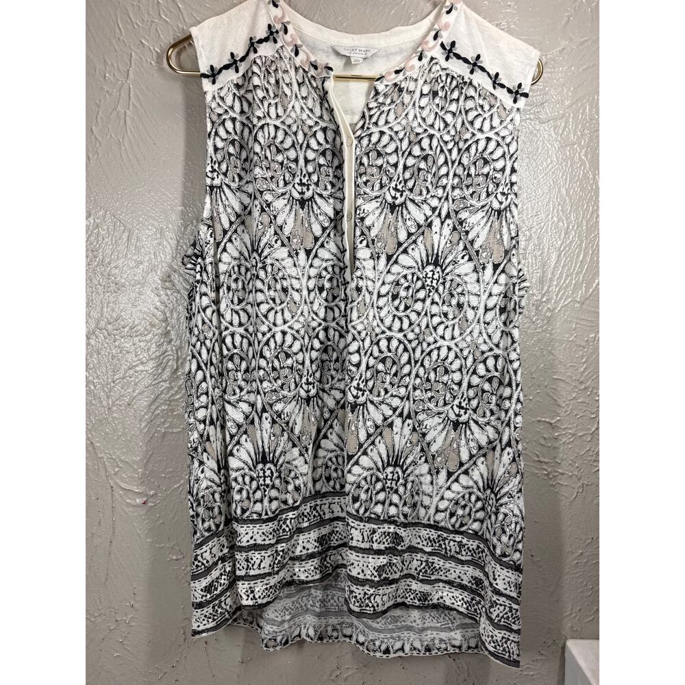 Lucky Brand Black Ivory Embroidered Button Down Sleeveless Top Blouse Size Large